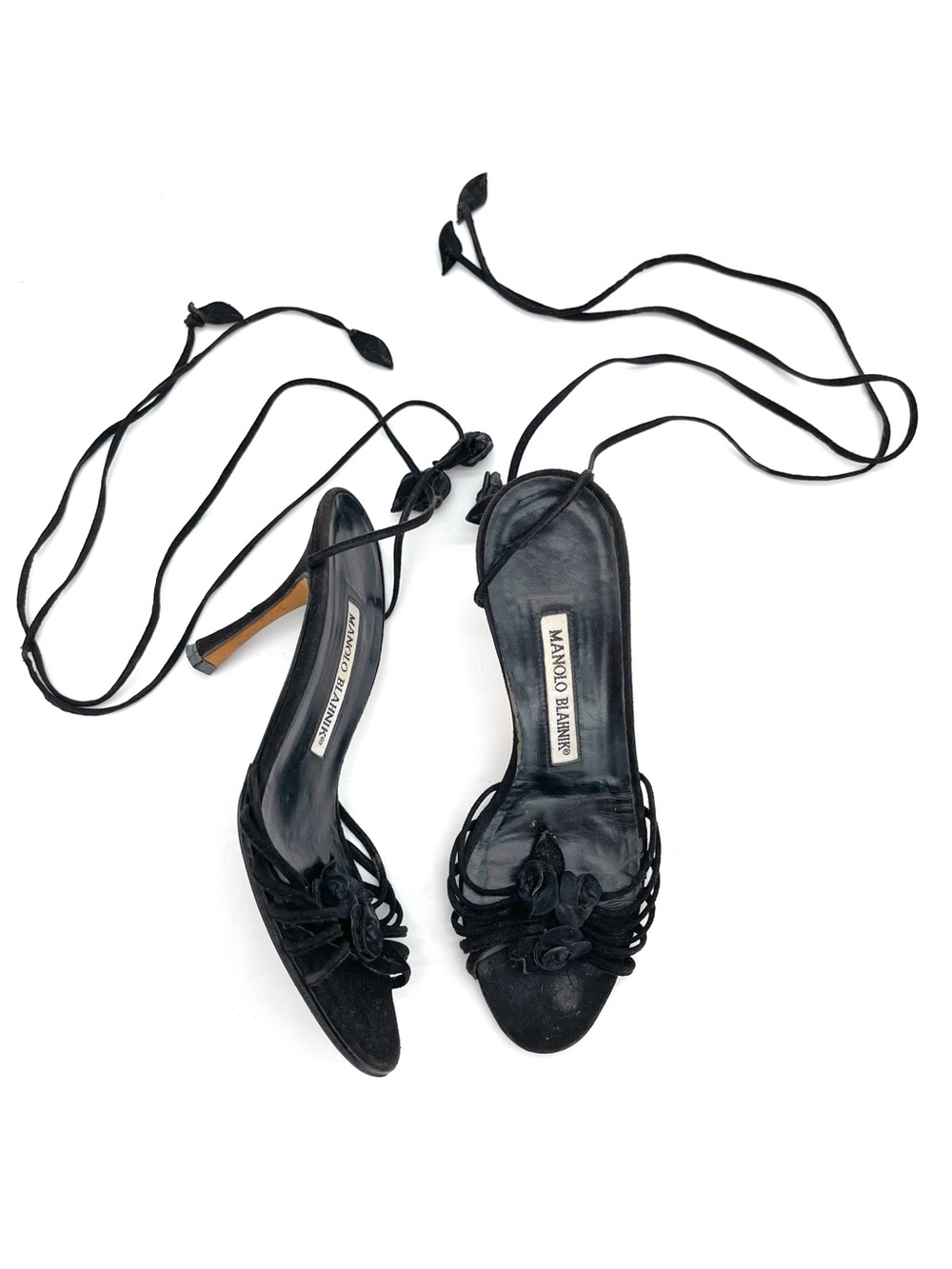 Manolo Blahnik 90s Vintage Black Suede Rosette Lace Up Heels Sandals IT 35